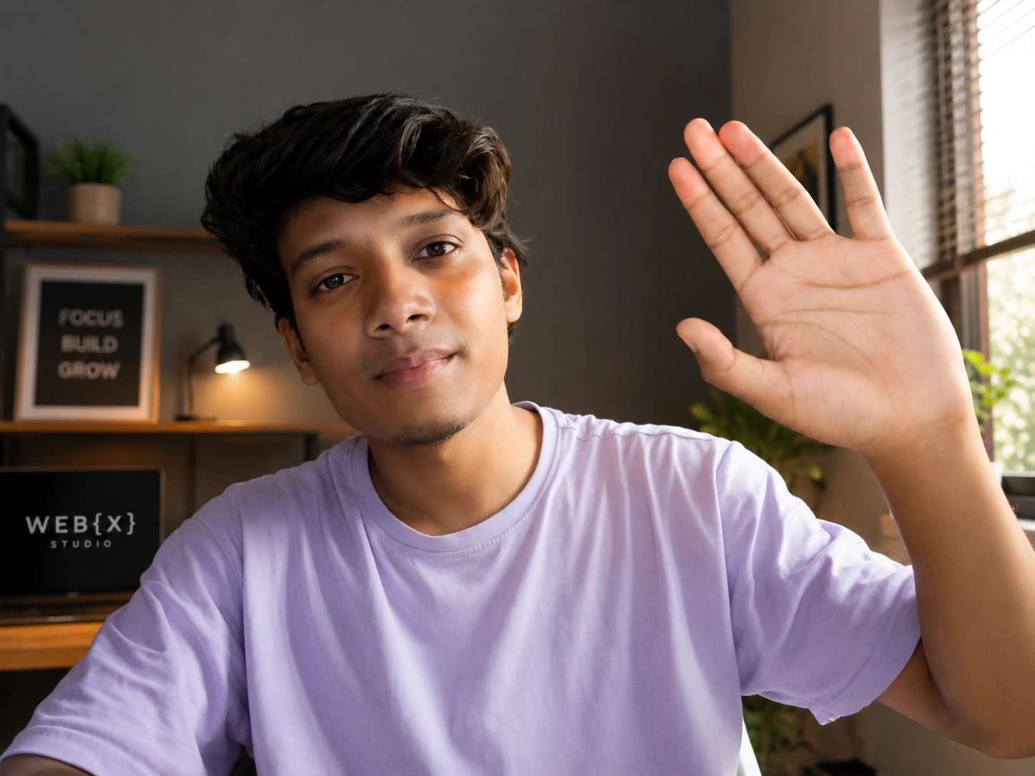 A Web{X} Studio designer waving at the start of a discovery call