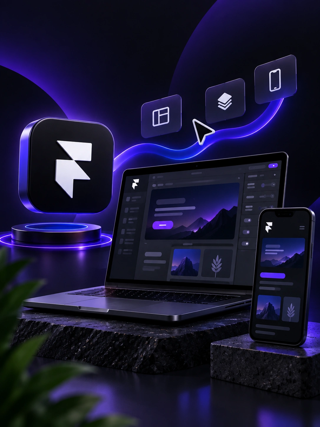 The Framer editor on a laptop with a matching mobile preview, beside the Framer logo