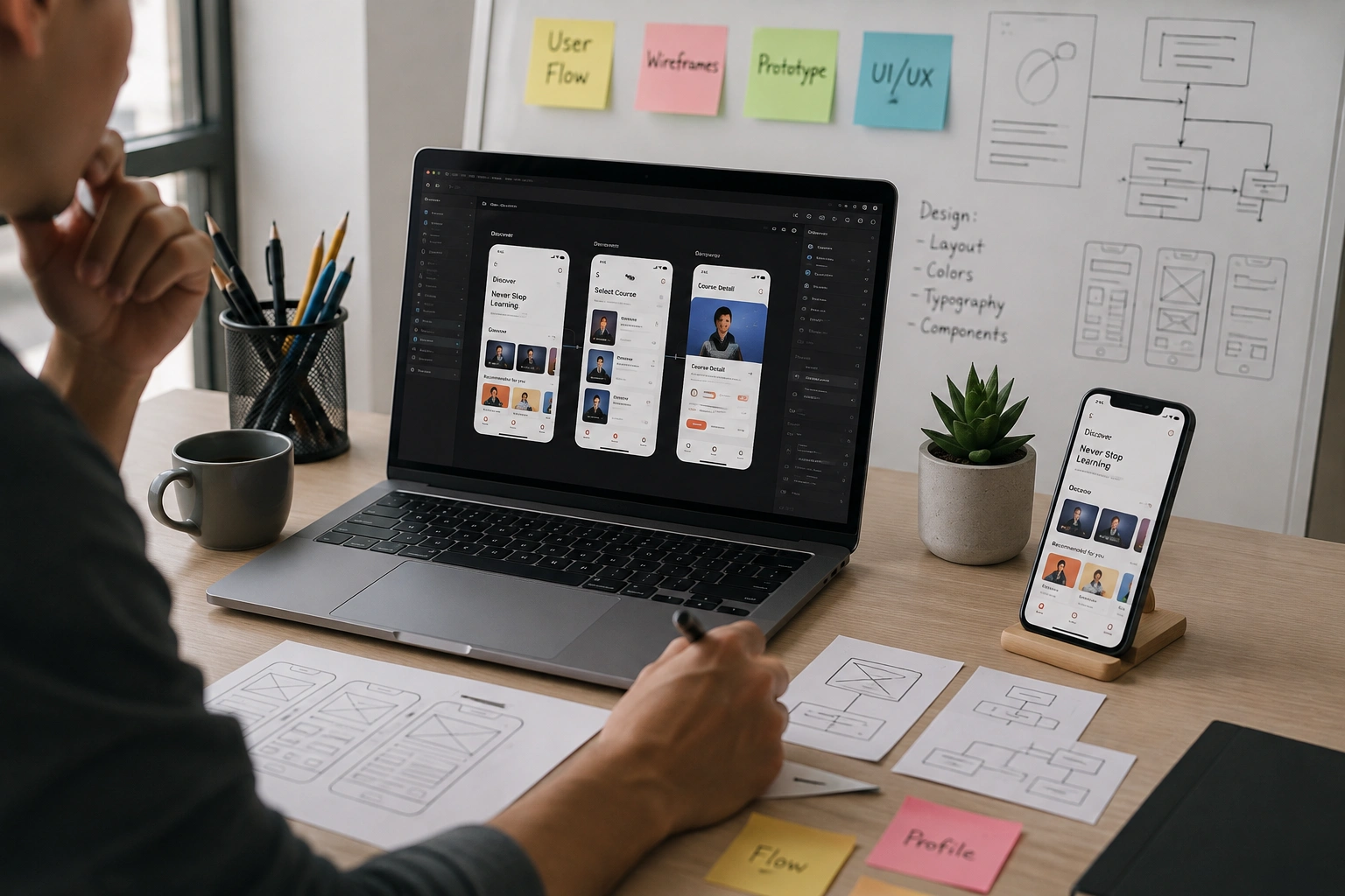 A designer working on high-fidelity app screens beside a whiteboard of user flows