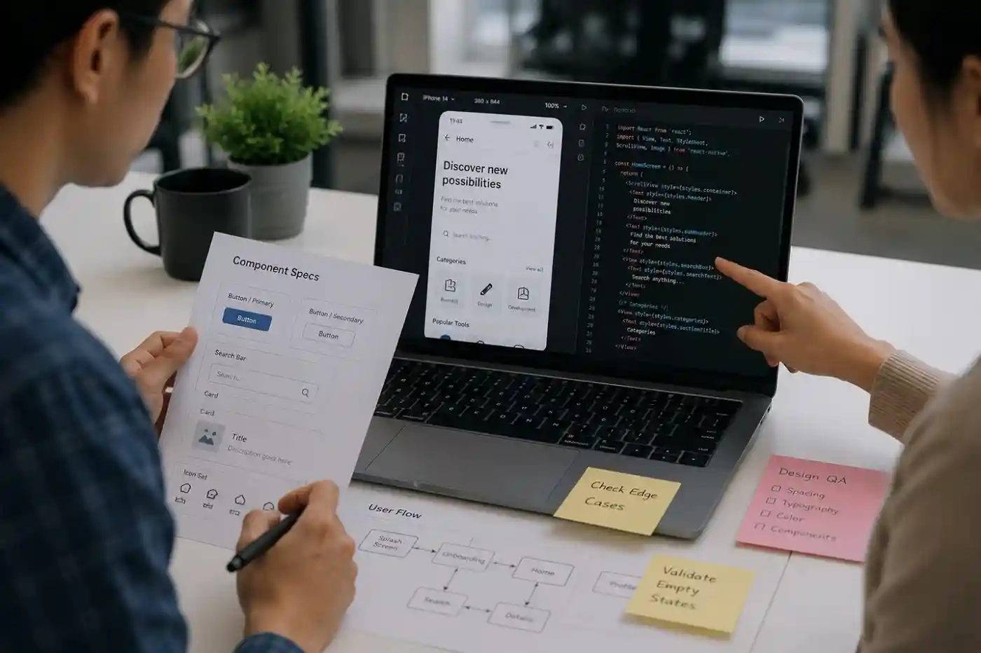A designer and developer checking a component spec sheet against the code