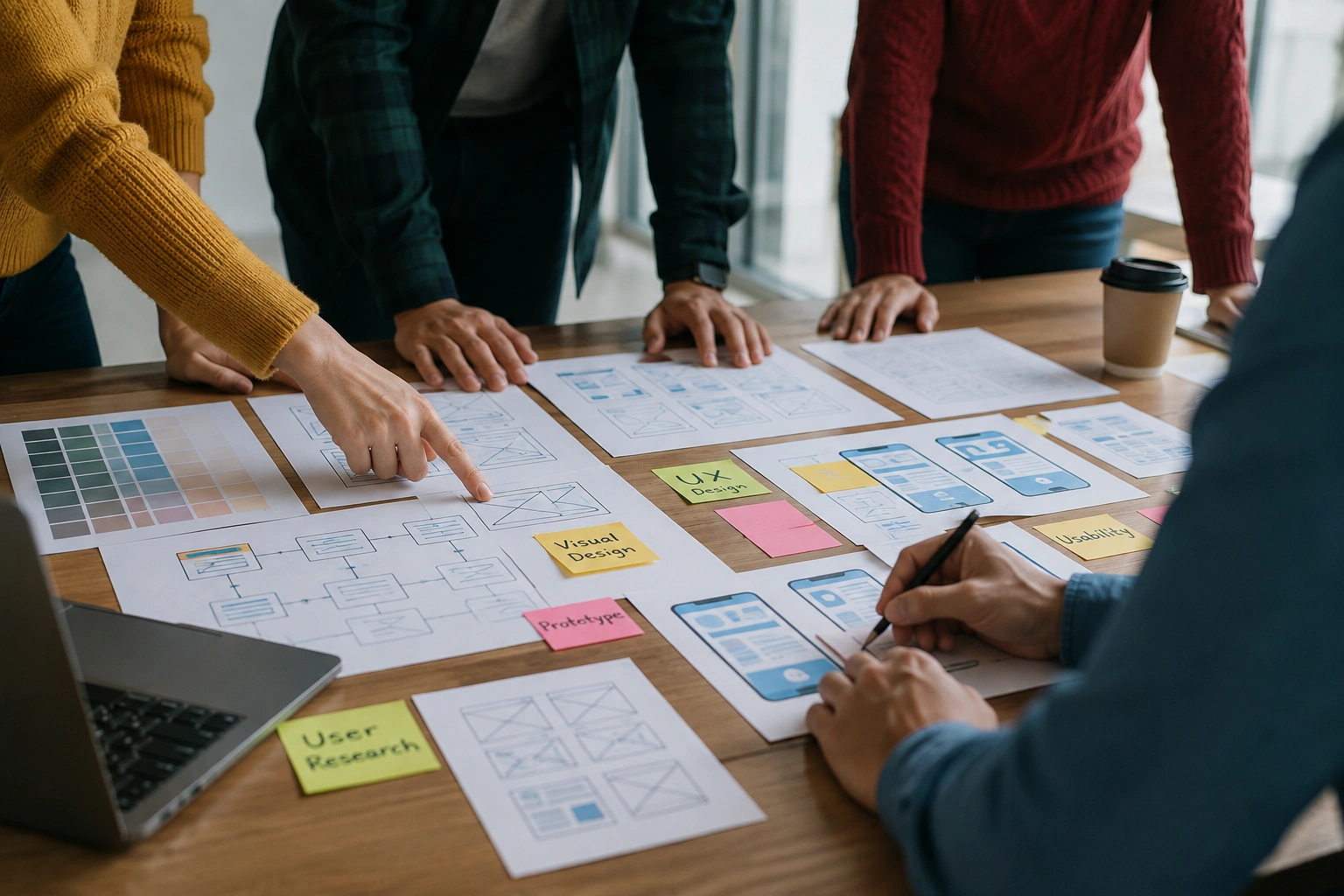 Wireframe printouts and sticky notes mapping user research, prototypes and usability