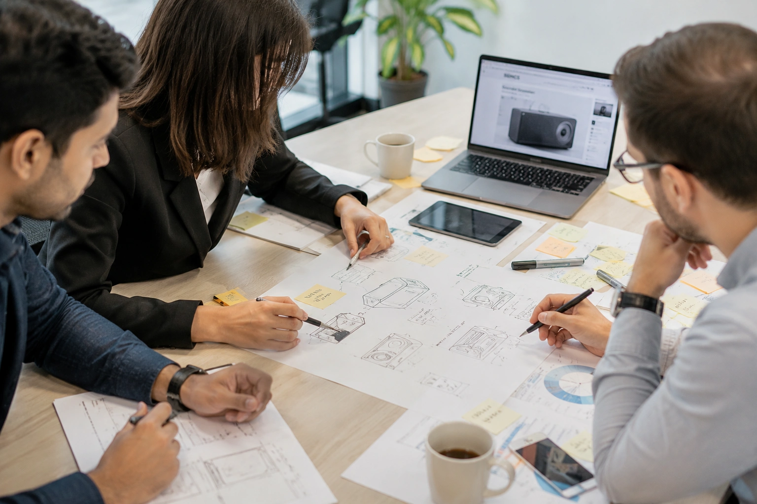A team reviewing product sketches and wireframes together at a desk