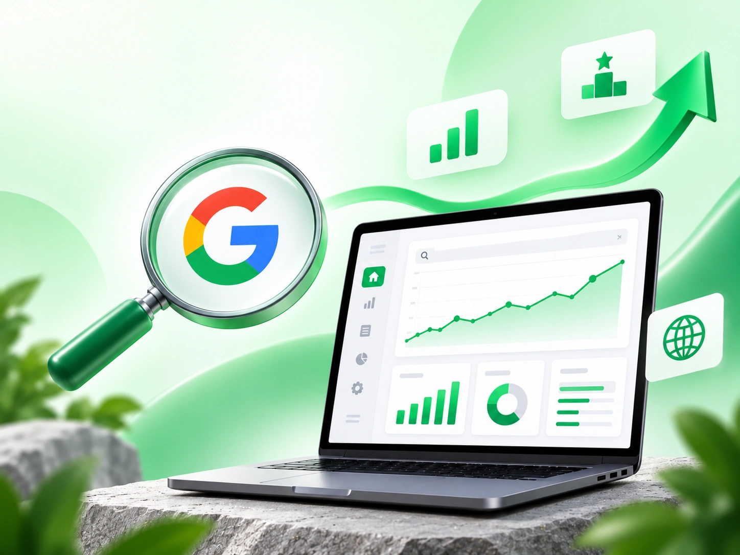 An SEO dashboard on a laptop showing search traffic climbing, beside a magnifier over the Google logo