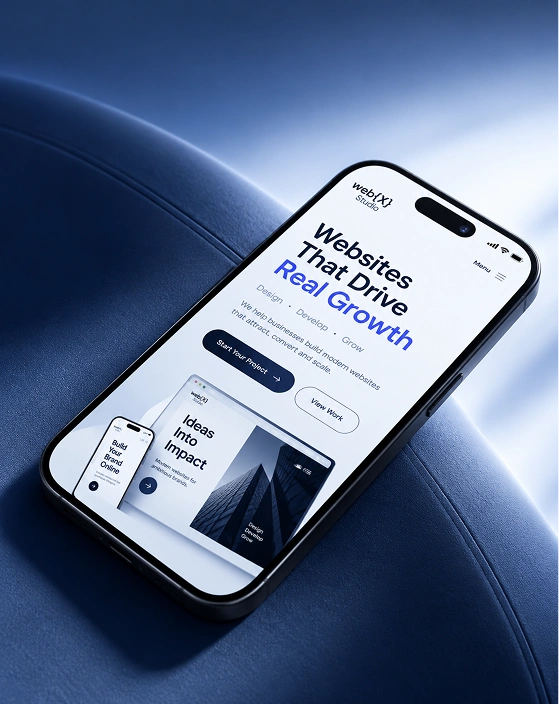 A Web{X} Studio site design shown on a phone