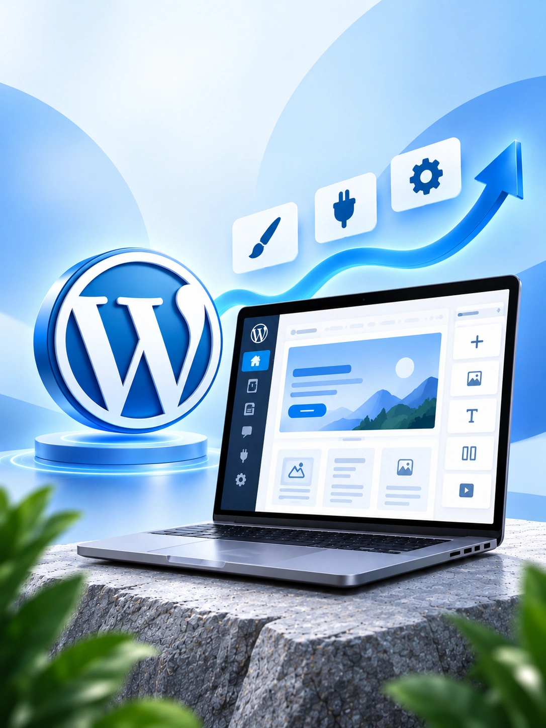 The WordPress block editor open on a laptop beside the WordPress logo